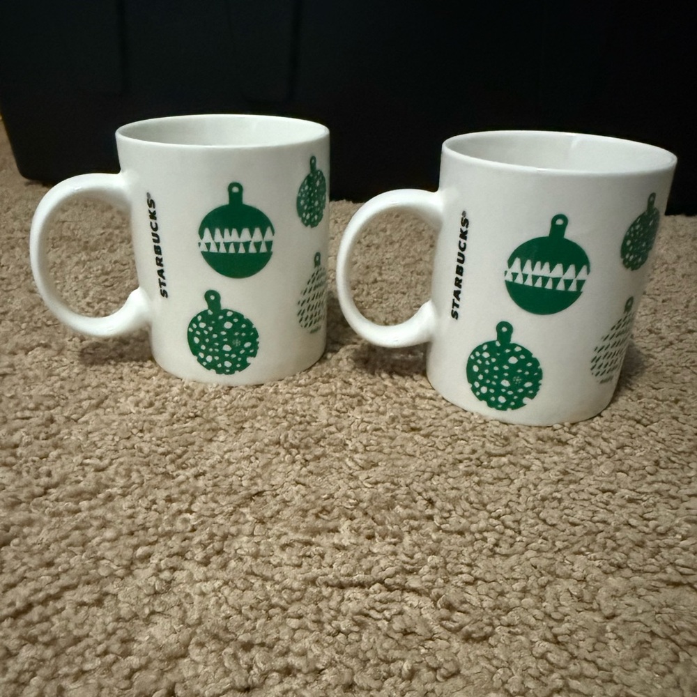 Set of 2 Starbucks 2016 Holiday Ornament Mugs 12oz Green & White Christmas